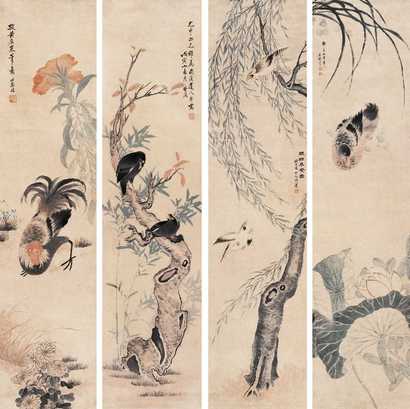 张盘 1878年作 四季花鸟 四屏